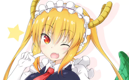 HD desktop wallpaper featuring Tohru from the anime Miss Kobayashi's Dragon Maid. Tohru, in her maid outfit, is playfully winking with a cheerful expression, making for a vibrant and lively background.