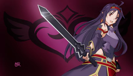 HD PC desktop wallpaper featuring Yuuki Konno from Sword Art Online II, showcasing her in dynamic pose with sword against a dark maroon background.