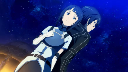 HD anime wallpaper featuring Sachi and Kirito (Kazuto Kirigaya) from Sword Art Online against a starry night sky background.