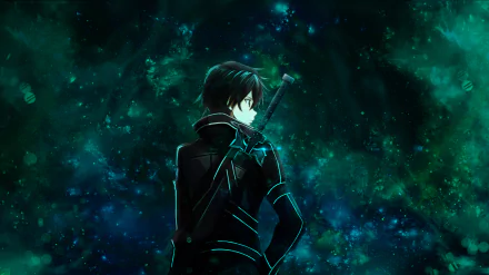HD wallpaper featuring Kirito (Kazuto Kirigaya) from the anime Sword Art Online, portrayed against a mystical, starry background.