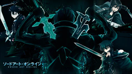 HD PC desktop wallpaper of Kirito (Kazuto Kirigaya) from Sword Art Online, anime-style, featuring multiple sword-wielding poses and the series logo on a dark teal background.