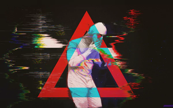 HD desktop wallpaper featuring an artistic glitch effect, with a figure superimposed over a red triangle against a dark background, incorporating vibrant colors.