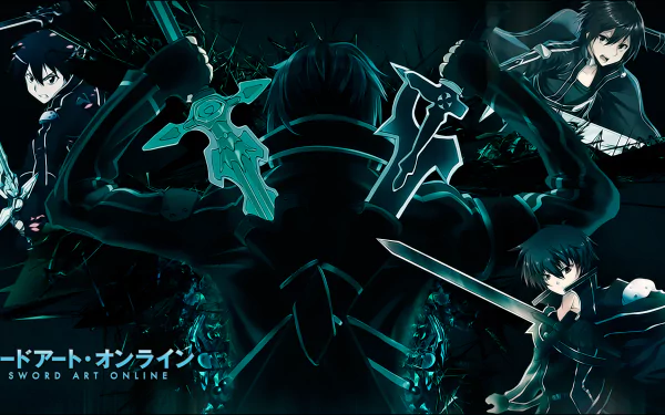 HD PC desktop wallpaper of Kirito (Kazuto Kirigaya) from Sword Art Online, anime-style, featuring multiple sword-wielding poses and the series logo on a dark teal background.
