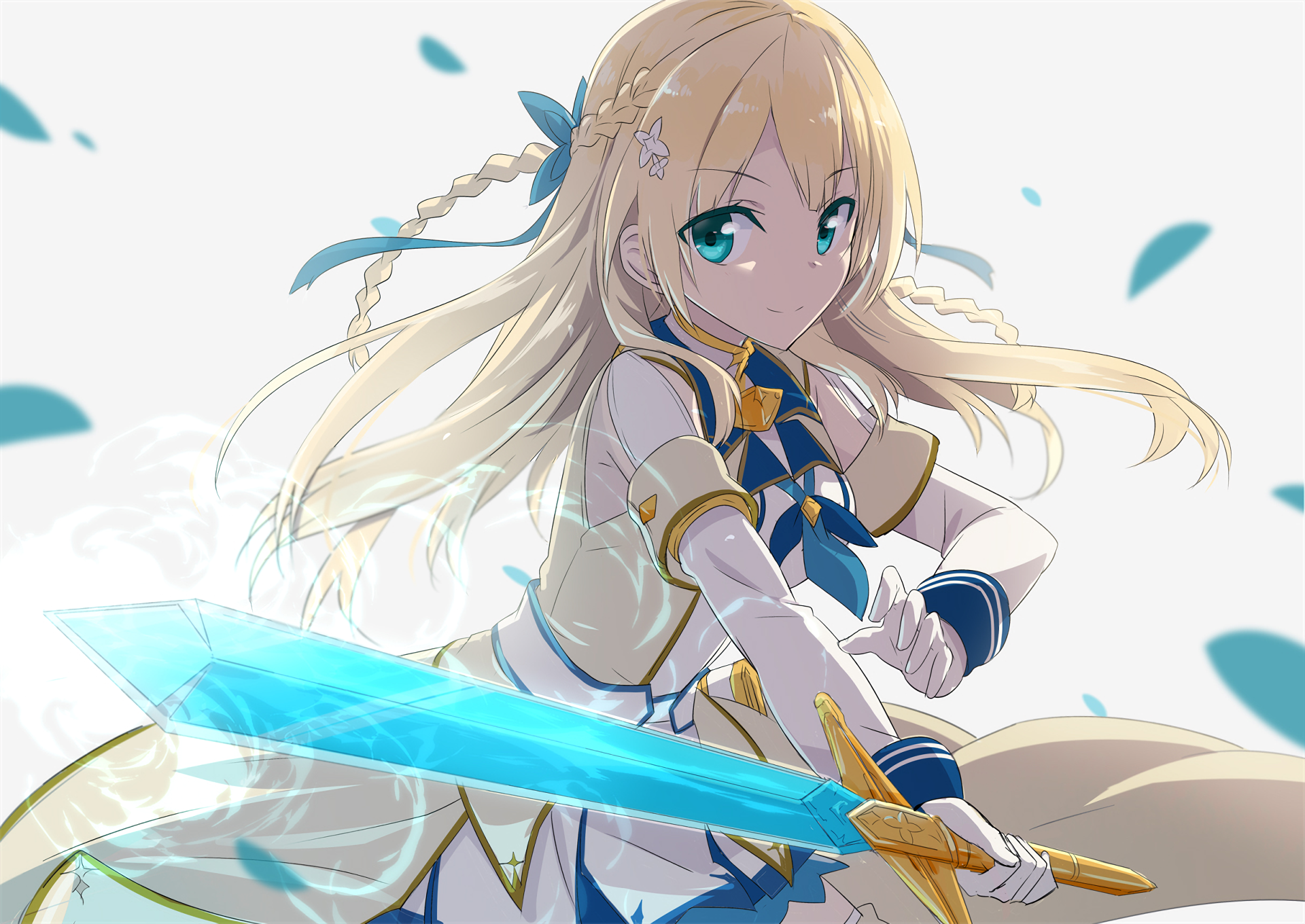 Anime HD desktop wallpaper showing an original character with long blonde hair wielding a glowing blue sword, wearing a detailed white and blue outfit with flowing elements.