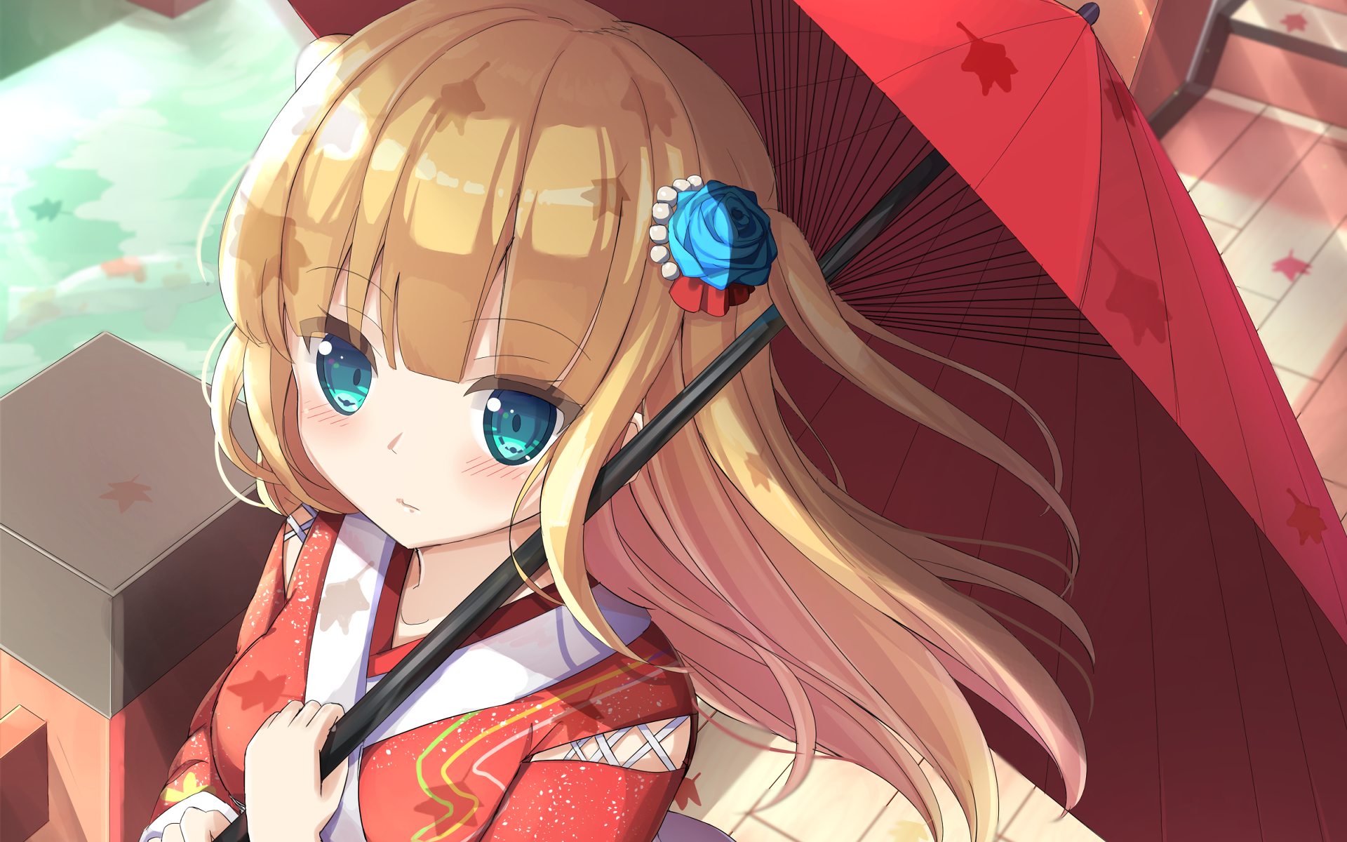 HD anime-style original artwork of a girl with long blonde hair and blue eyes holding a red umbrella, designed as a PC desktop wallpaper and background.