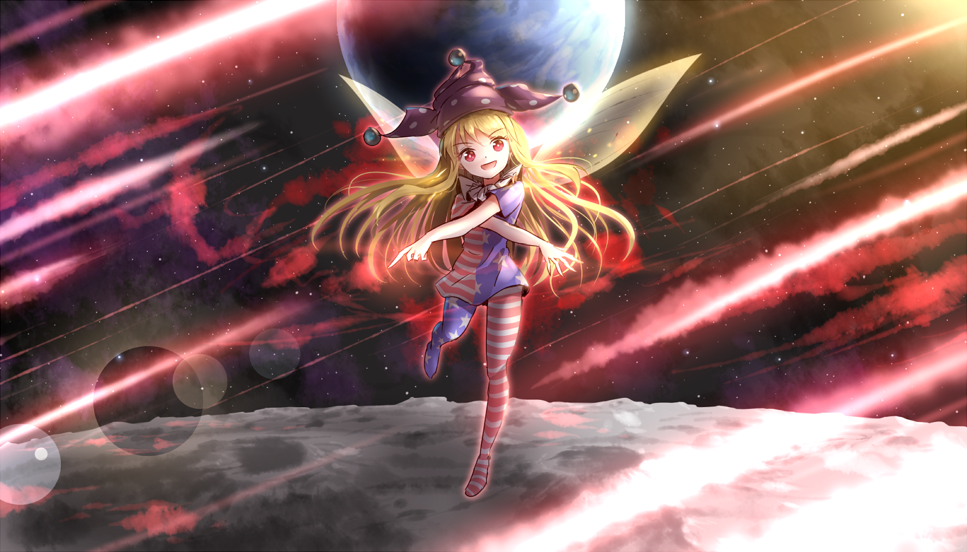 HD PC desktop wallpaper/background of Clownpiece (Touhou): anime jester girl with flowing blonde hair and striped stockings leaping above a lunar surface as red light streaks cross a starry sky.