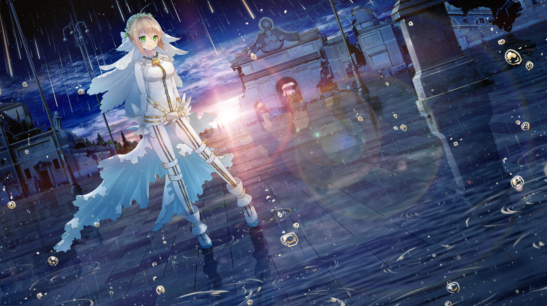 Anime character from Fate/Grand Order in a white outfit standing in the rain at dusk, surrounded by falling water droplets. HD desktop wallpaper and background.