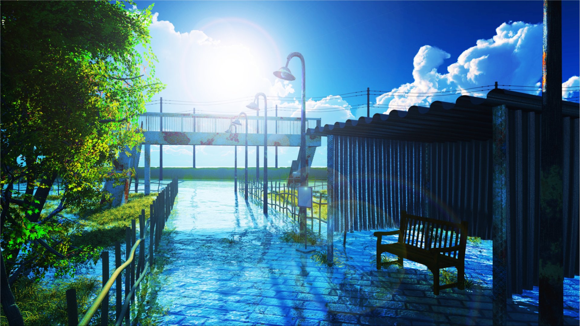 Anime-style HD desktop wallpaper featuring a sunrise over a grassy area with trees, vibrant blue sky, clouds, sunbeams, and a peaceful outdoor walkway with benches.