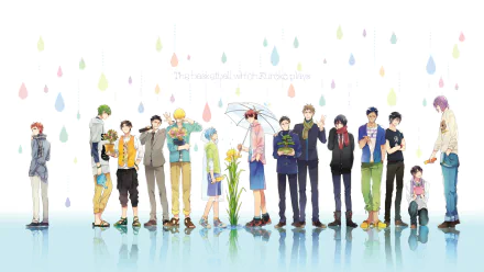 HD wallpaper featuring characters from Kuroko's Basketball, including Seijūrō Akashi, Shintarō Midorima, Ryōta Kise, Daiki Aomine, Tetsuya Kuroko, Atsushi Murasakibara, Hyūga Junpei, and Teppei Kiyoshi.