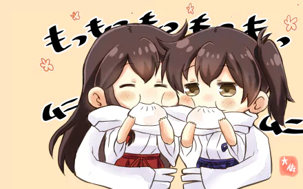 Chibi Kaga and Akagi (Kancolle) anime wallpaper: shrine-maiden twins sharing mochi on a warm pastel background — HD PC desktop background from Kantai Collection.
