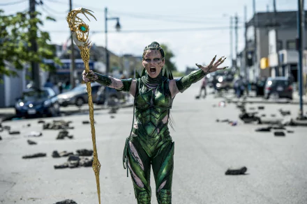 HD wallpaper of Elizabeth Banks as Rita Repulsa from the movie Power Rangers (2017), standing fiercely in the middle of a street with debris scattered around.