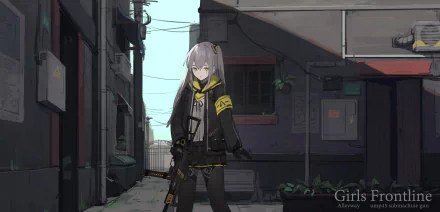 HD desktop wallpaper featuring a character from the video game Girls Frontline, standing in an alleyway with a firearm, blending urban scenery and anime-style artwork.