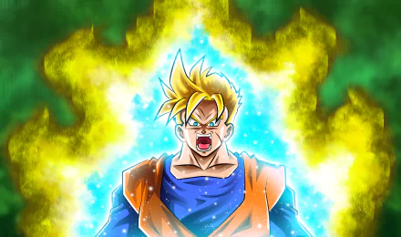 Gohan from Dragon Ball Super as a glowing Super Saiyan, roaring with a blue-and-gold aura — high-detail 4K Ultra HD anime PC desktop wallpaper.