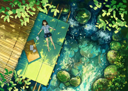An anime-style HD wallpaper depicting a girl lying on a mat beside a serene stream, with leaves and papers scattered around her. The background is lush and vibrant, capturing a peaceful outdoor setting.