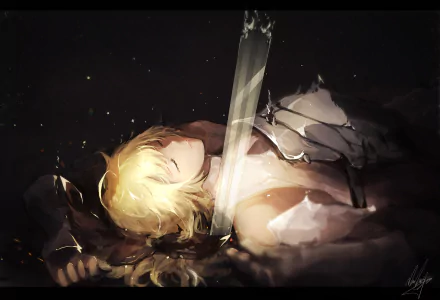 HD wallpaper featuring Saber from the Fate Series, with a vivid, artistic portrayal of the character wielding a sword, from Fate/Grand Order. The scene has a dramatic and intense atmosphere.