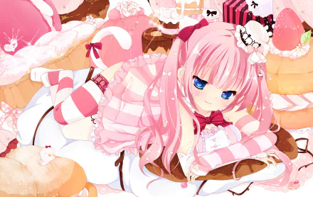 Anime-style girl with long pink hair, blue eyes, wearing thigh highs, a bow, and a hat, surrounded by sweets and pillows with a tail visible, in vibrant HD desktop wallpaper.