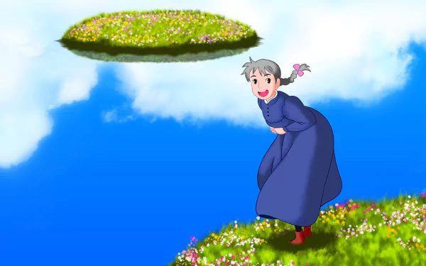 HD anime desktop wallpaper featuring Sophie from Howl's Moving Castle standing on a grassy floating island beneath another flower-covered floating landmass against a bright blue sky.