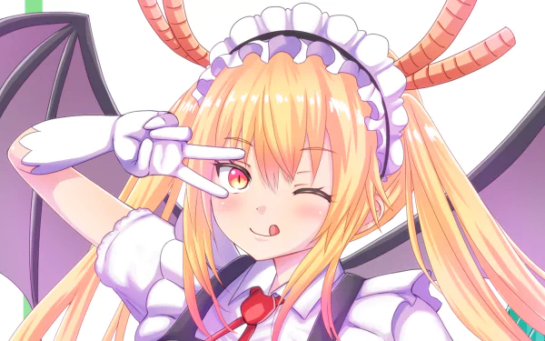 HD desktop wallpaper featuring Tohru from the anime Miss Kobayashi’s Dragon Maid. Tohru is shown in a cheerful pose, winking and wearing a maid outfit, expressing her playful and energetic personality.