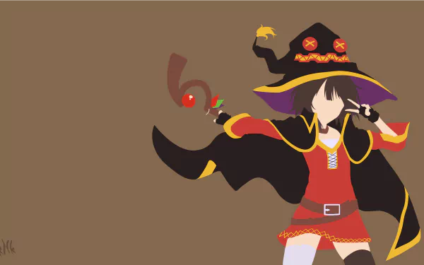 Minimalist 4K Ultra HD anime wallpaper featuring Megumin from KonoSuba - God’s blessing on this wonderful world!! in her iconic mage outfit and hat.