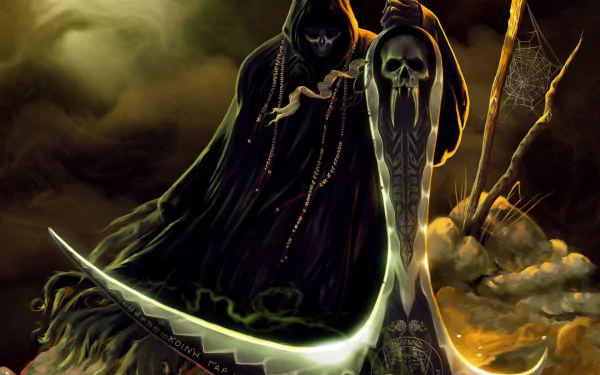 An HD desktop wallpaper featuring the Grim Reaper wielding a scythe adorned with a skull, set against a dark, ominous background.