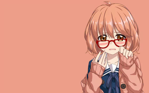 Mirai Kuriyama from Beyond the Boundary in a detailed 8K Ultra HD anime-style wallpaper with a soft peach background and her signature glasses and school uniform.
