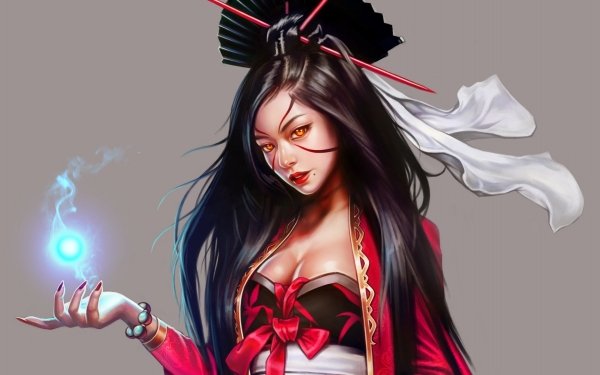Fantasy Women Sorceress Magic Oriental Orange Eyes Black Hair Long Hair HD Wallpaper | Background Image