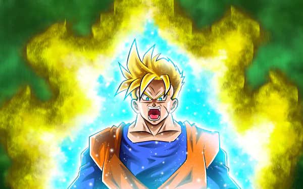 Gohan from Dragon Ball Super as a glowing Super Saiyan, roaring with a blue-and-gold aura — high-detail 4K Ultra HD anime PC desktop wallpaper.