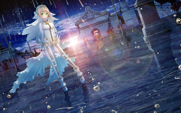 Anime character from Fate/Grand Order in a white outfit standing in the rain at dusk, surrounded by falling water droplets. HD desktop wallpaper and background.