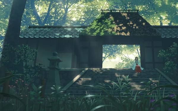 HD anime desktop wallpaper featuring a serene temple scene, surrounded by lush greenery and soft light filtering through the trees. Perfect background for a peaceful and immersive visual experience.