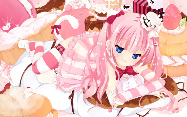Anime-style girl with long pink hair, blue eyes, wearing thigh highs, a bow, and a hat, surrounded by sweets and pillows with a tail visible, in vibrant HD desktop wallpaper.