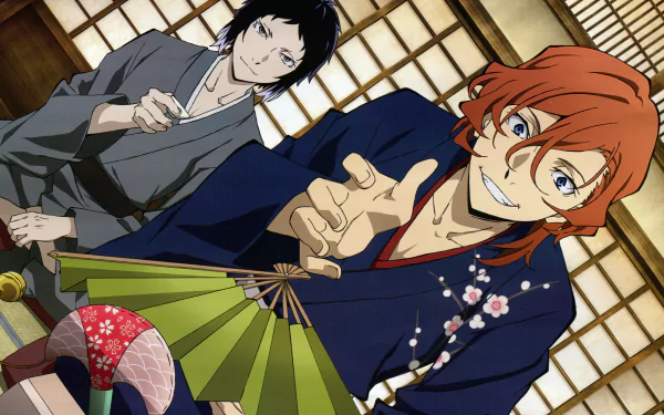 Anime-style 4K Ultra HD wallpaper featuring two characters from Bungou Stray Dogs in traditional Japanese attire inside a classic room.