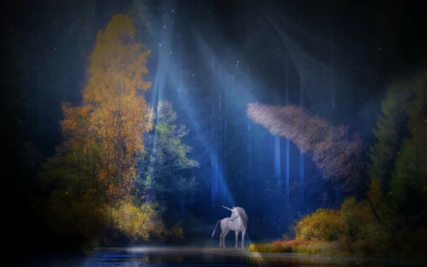A mystical fantasy forest scene with sunbeams breaking through trees, illuminating a unicorn standing beside calm water, rendered in HD for a PC desktop wallpaper.