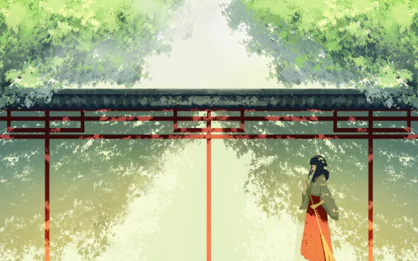 HD anime desktop wallpaper: original character in Japanese clothes with long black hair holding a broom beneath sunlit trees and a red shrine gate.