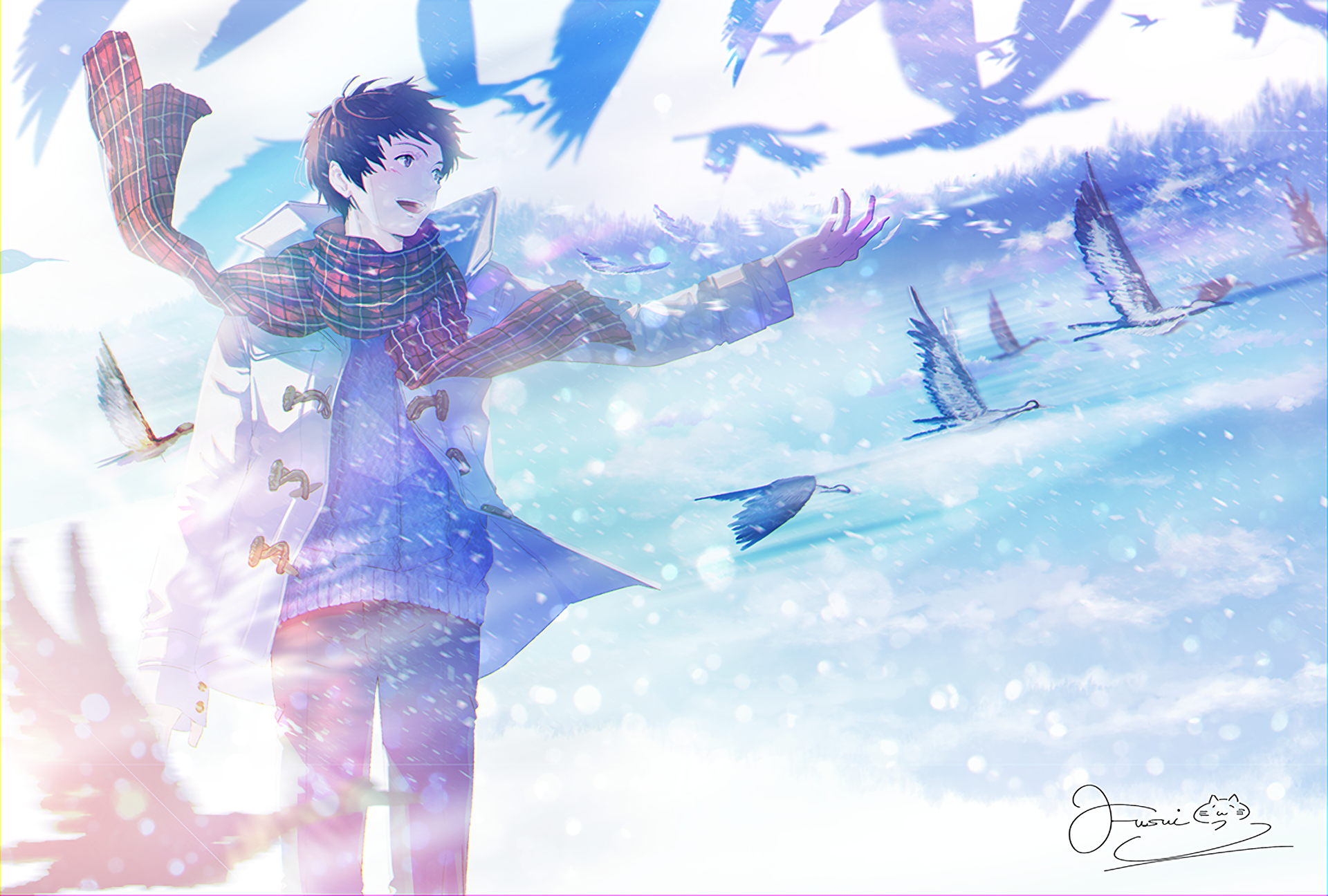 HD desktop wallpaper featuring an original anime character with a scarf, standing in a snowy landscape with birds flying around.