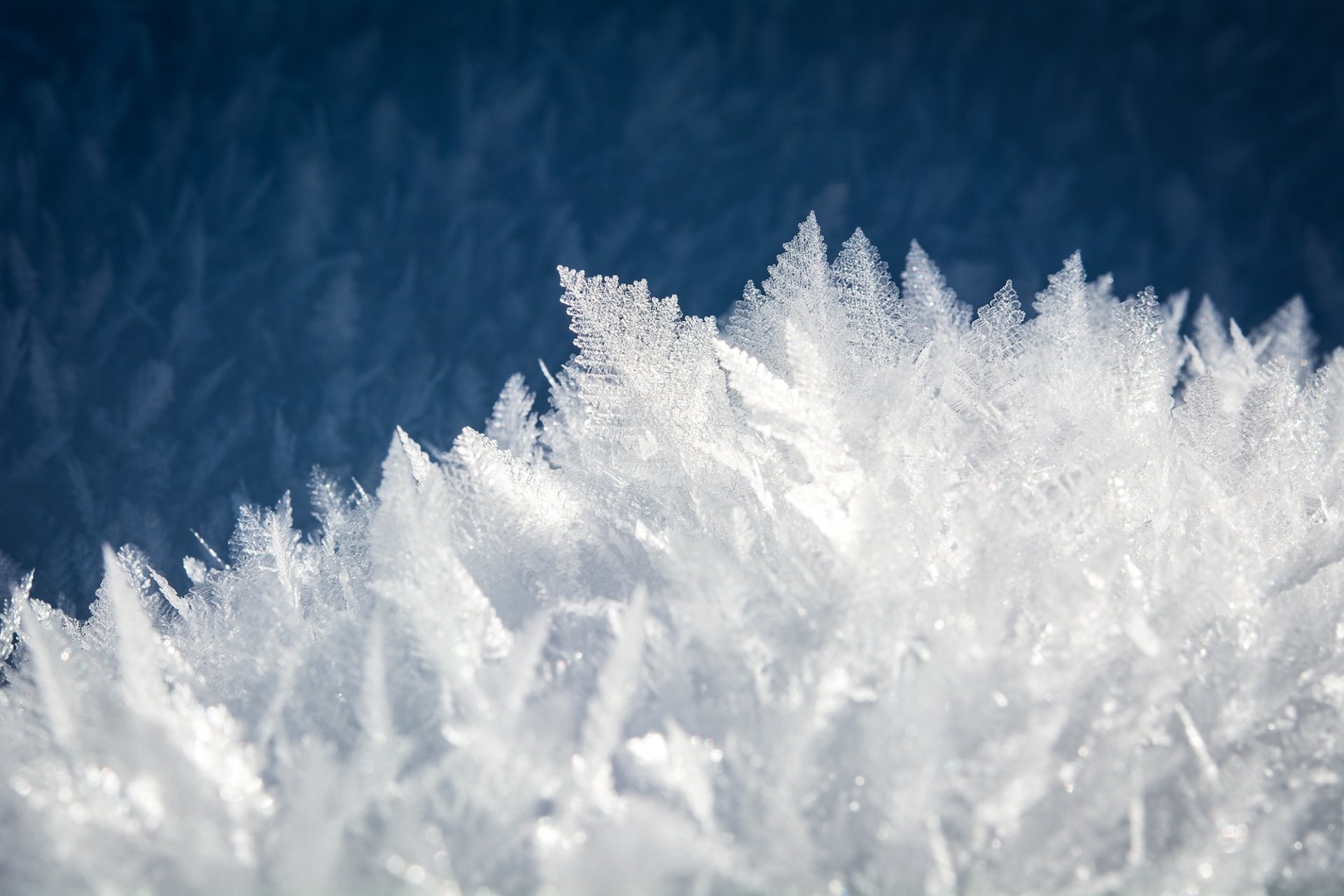 Macro HD desktop wallpaper of winter ice crystals: cold frozen nature close-up showing spiky translucent crystal formations against a deep blue background.