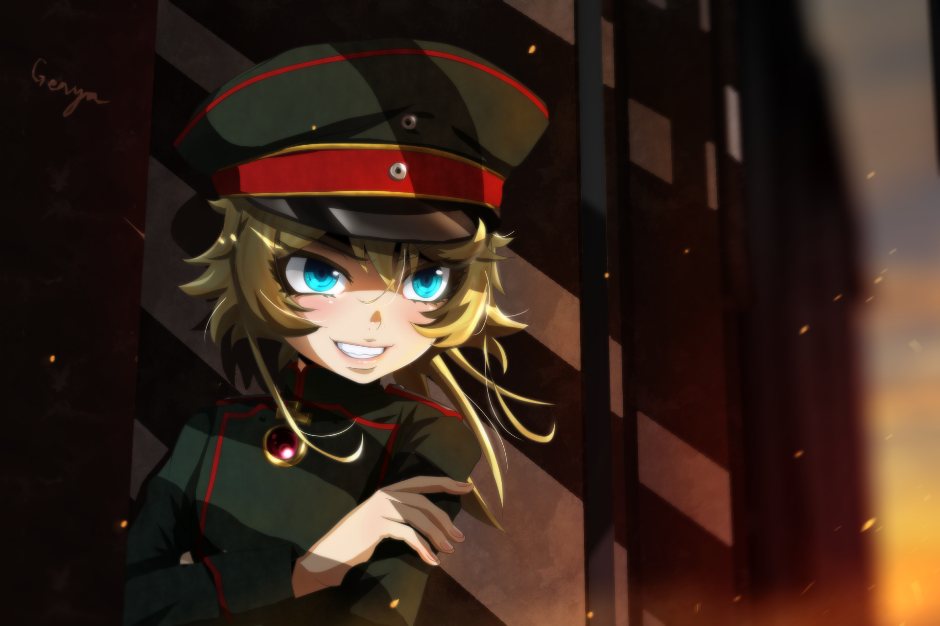 Tanya Degurechaff from the anime The Saga of Tanya the Evil, depicted with a confident expression and military uniform in this HD PC desktop wallpaper.