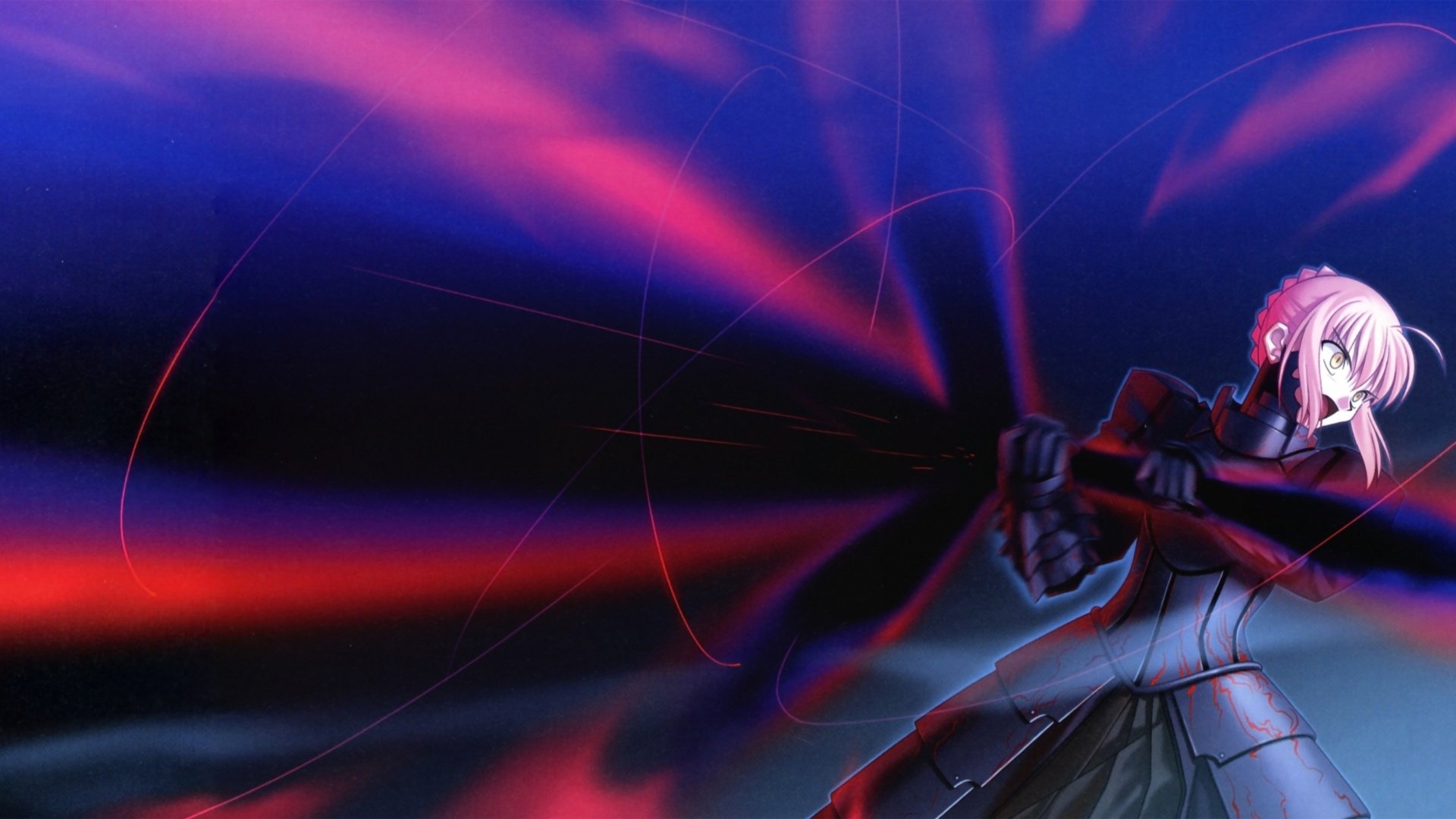 HD PC desktop wallpaper featuring Saber Alter from Fate/Grand Order unleashing a powerful dark energy attack against a vivid blue and red background.
