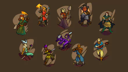 HD desktop wallpaper featuring characters from Crypt of the NecroDancer game on a brown background.