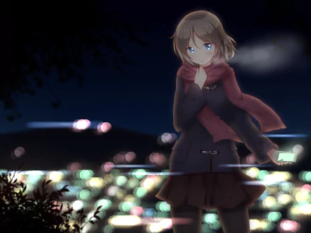 HD desktop wallpaper featuring You Watanabe from the anime Love Live! Sunshine!! standing thoughtfully against a blurred cityscape at night.