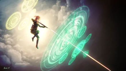 HD desktop wallpaper featuring Tanya Degurechaff from the anime Youjo Senki, amidst a mystical airborne scene with magical circles and a dramatic background bursting with light and clouds.
