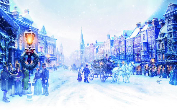 HD PC desktop wallpaper featuring a snowy, festive street scene from the movie A Christmas Carol (2009) with horse-drawn carriages and Victorian-era buildings.