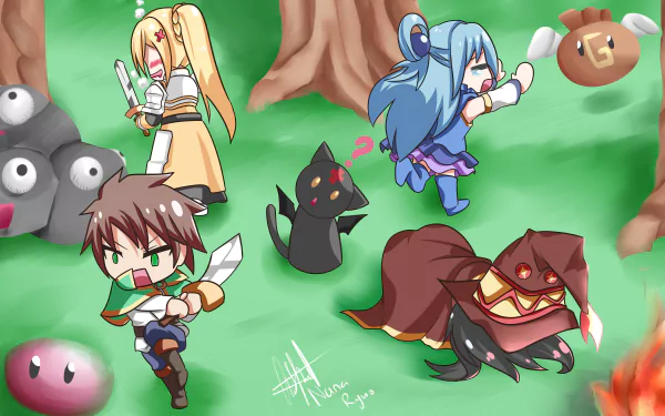 This HD wallpaper features chibi versions of Kazuma Satou, Darkness, Aqua, and Megumin from the anime KonoSuba - God’s Blessing on This Wonderful World!! in a playful, forest battle scene.