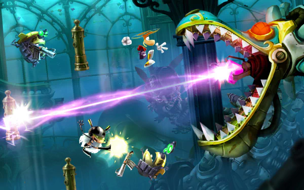 HD desktop wallpaper from Rayman Legends featuring Rayman in action-packed gameplay scene.