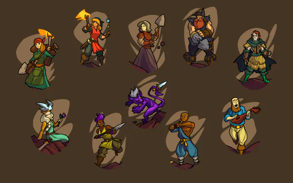 HD desktop wallpaper featuring characters from Crypt of the NecroDancer game on a brown background.