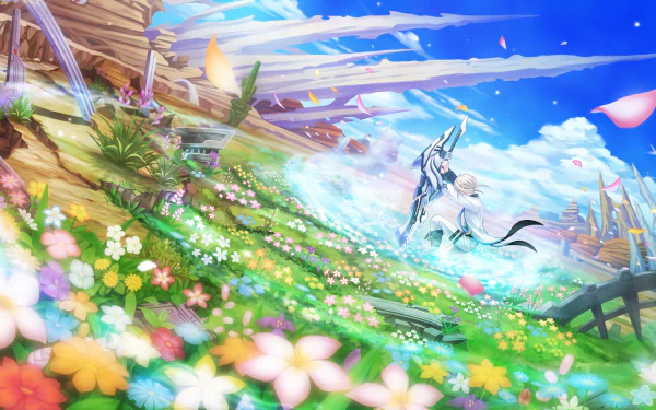 HD PC desktop wallpaper from the video game Fairy Fencer F, depicting a character in armor amidst a vibrant, flower-filled meadow under a bright, blue sky.