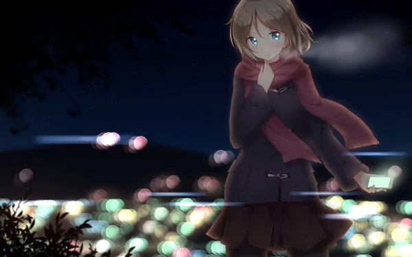 HD desktop wallpaper featuring You Watanabe from the anime Love Live! Sunshine!! standing thoughtfully against a blurred cityscape at night.