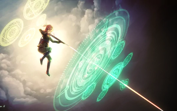 HD desktop wallpaper featuring Tanya Degurechaff from the anime Youjo Senki, amidst a mystical airborne scene with magical circles and a dramatic background bursting with light and clouds.