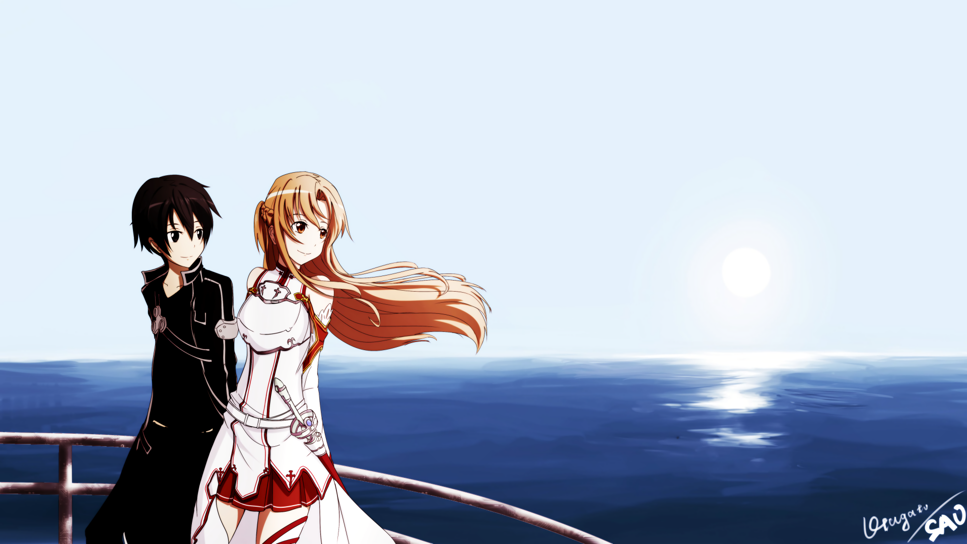 Anime-style 4K Ultra HD Sword Art Online wallpaper featuring two characters standing by a railing overlooking a serene ocean at sunset.