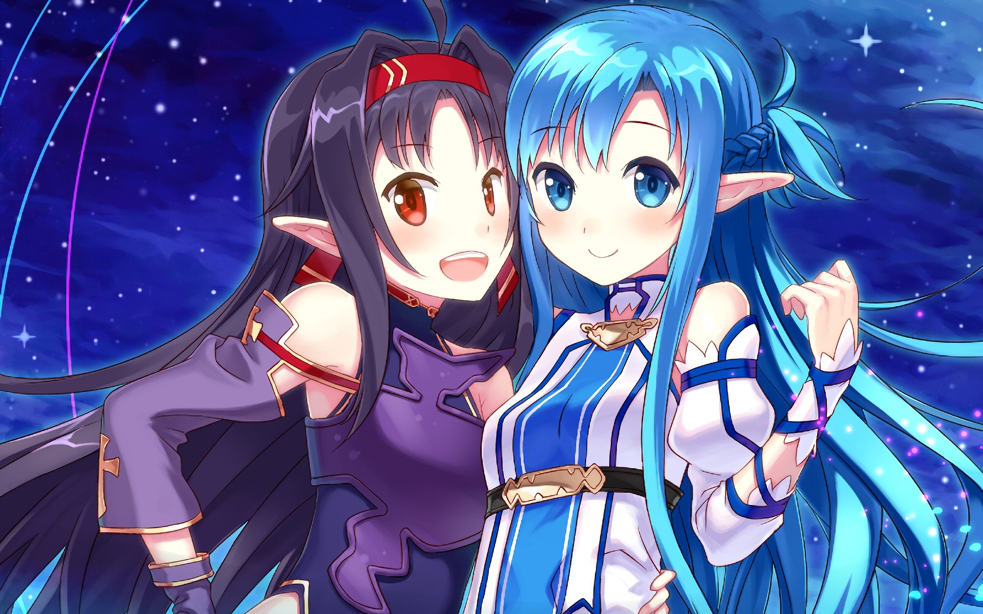 Two female anime characters from Sword Art Online II, smiling arm‑in‑arm before a starry blue sky — HD PC desktop wallpaper background.