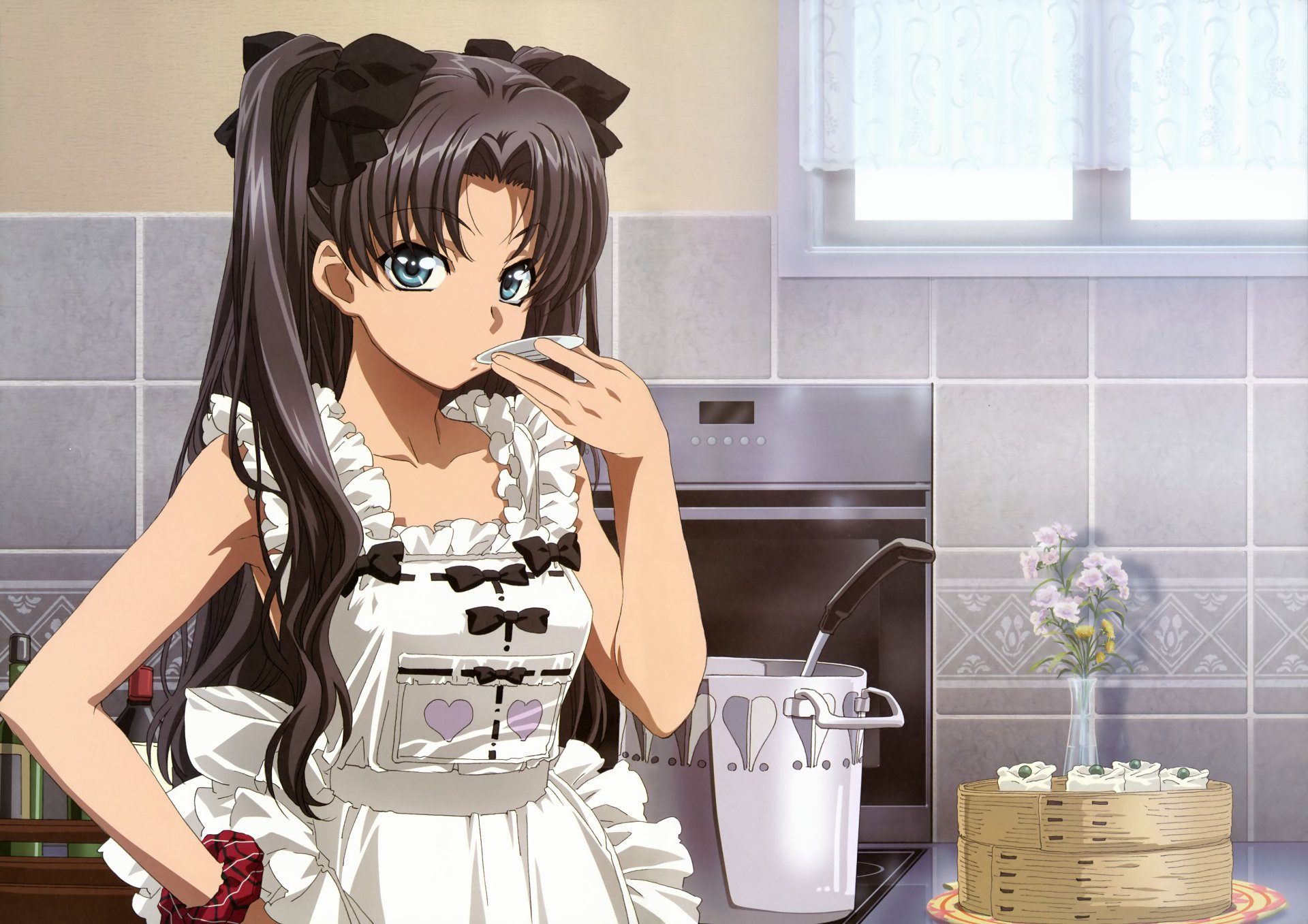Rin Tohsaka from Fate/Stay Night wearing a frilly apron in a bright kitchen, rendered as a 4K Ultra HD anime PC desktop wallpaper.